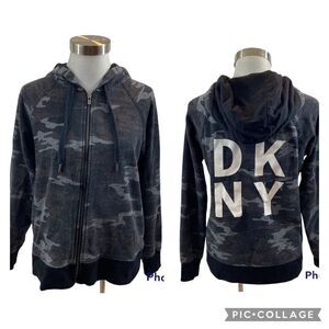 Ladies DKNY Sport Full Zip Black Grey‎ Camo Hoodie Sweatshirt Size Small